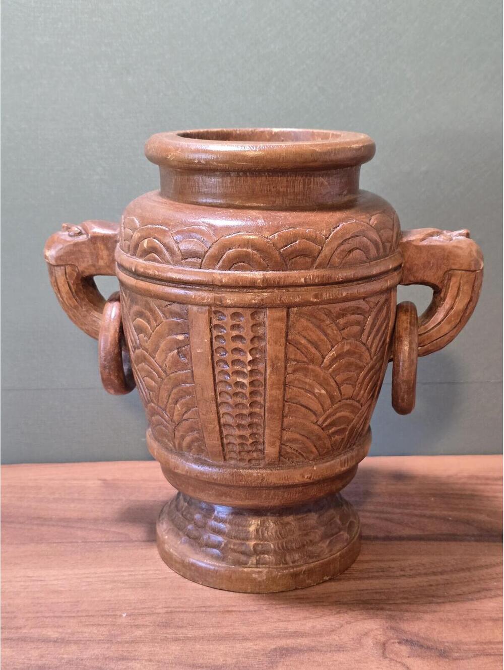 Vintage Hand Carved Wood Amphora Vase with Rings